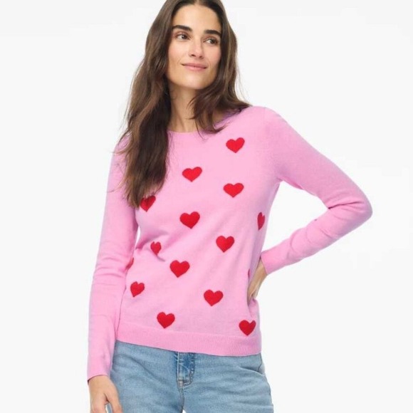 J. Crew Teddie Soft Pink and Red Hearts Crew Neck Sweater. Size L - Picture 2 of 10